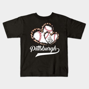 Pittsburgh, leopard, twin hearts, baseball player, vintage Kids T-Shirt